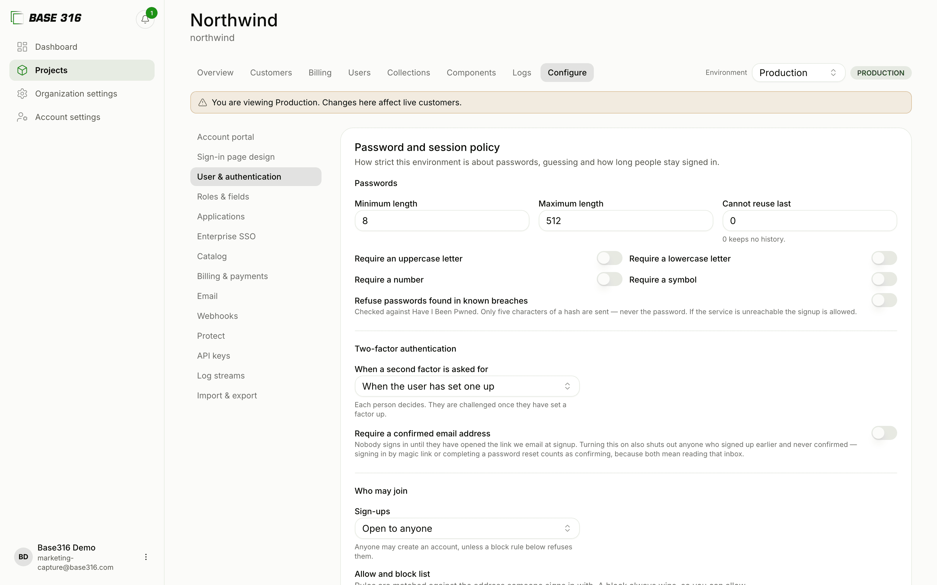 Hosted sign-in pages configured in Base316, with a live preview of the page end users see