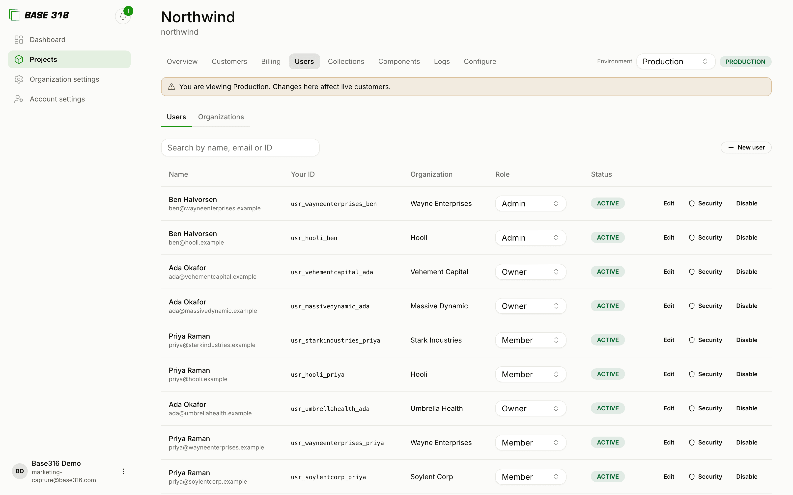 End users in a Base316 project, each with the tenant they belong to and the role that carries their permissions